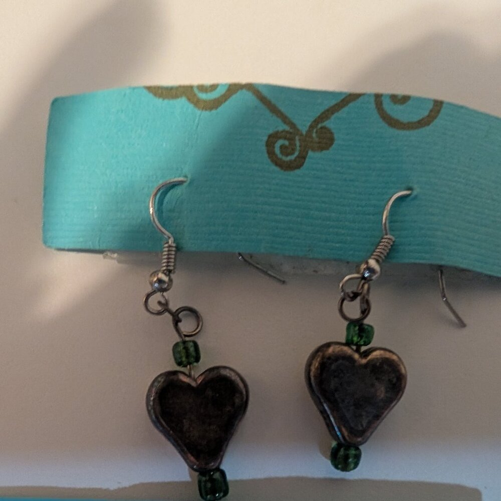Handmade brown heart green beaded earrings